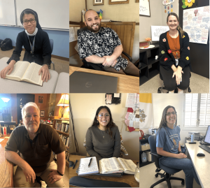 Xavier’s six sophomore theology teachers pose in their classrooms.  Pictured from top left to bottom right: Sister Theresa Trang, Noah Minton, Danielle Lambert, Anthony DiStefano, Kaiti-Lynn Beazely and Gina Iker enjoy the fruits of their labor.