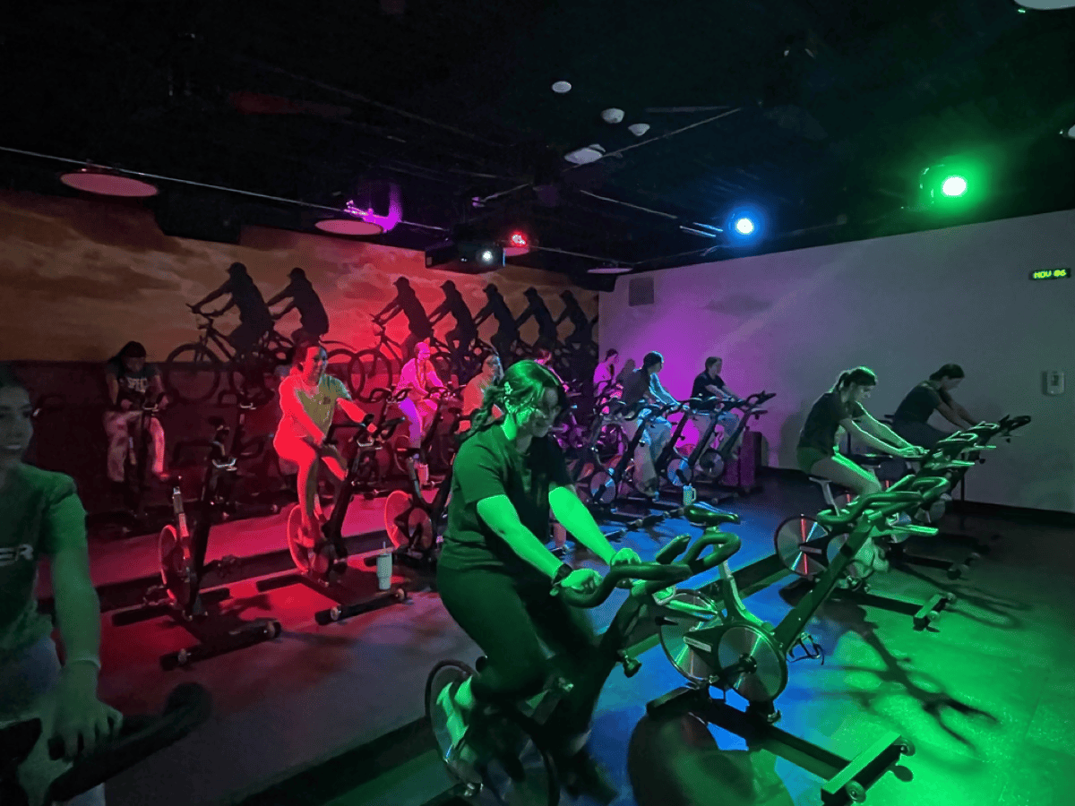 Xavier’s spin room is used by the mountain biking team for weekly practices. Although inside, spinning on a stationary bike builds strength and endurance.