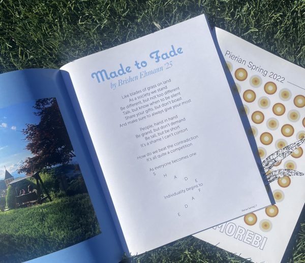 On Sunday February 23, two national award-winning magazines are displayed. The poem, “Made to Fade” by Brishen Ehmann, is the opening poem in the 2024 Pierian Spring magazine.  