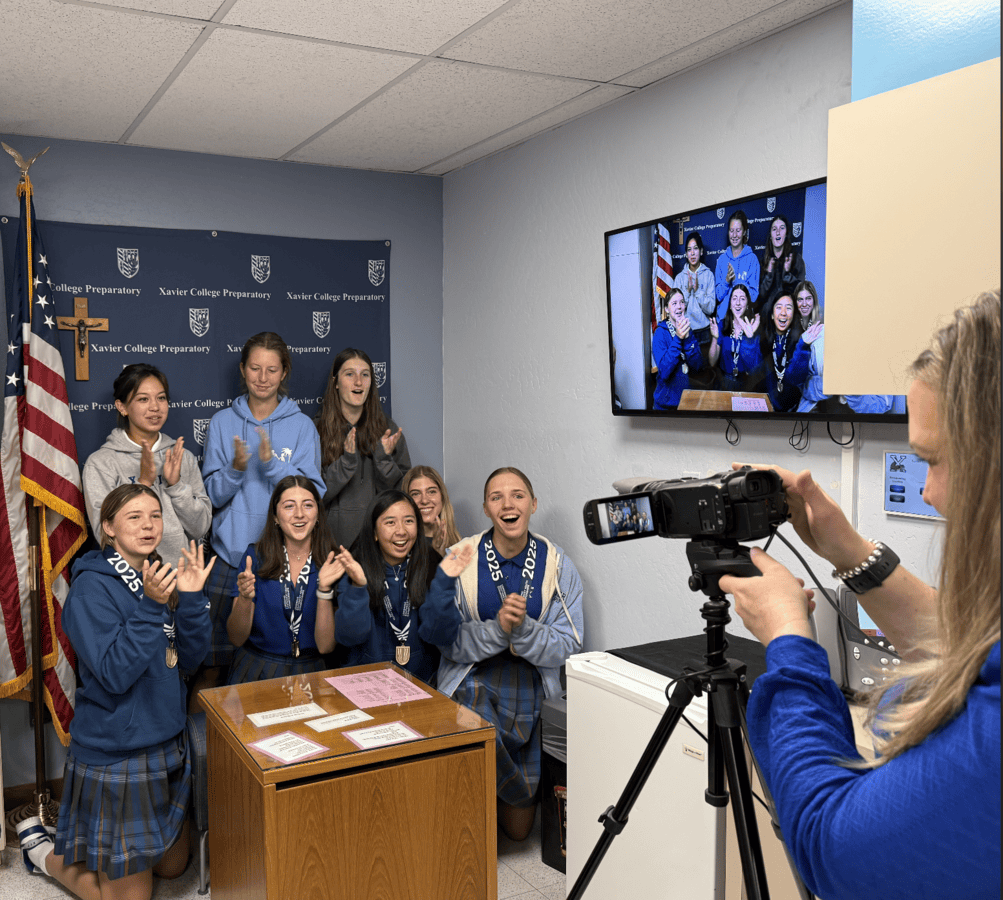 Ava Yparraguirre, Lauren Aldrete, Emma Perry, Madison Minnitti and Olivia Moshiri go on the morning announcements with Xavier teammates of the U-17 quad who took 4th place in Sacramento and also qualified for nationals. The two teams celebrate their wins and are off to nationals in June.