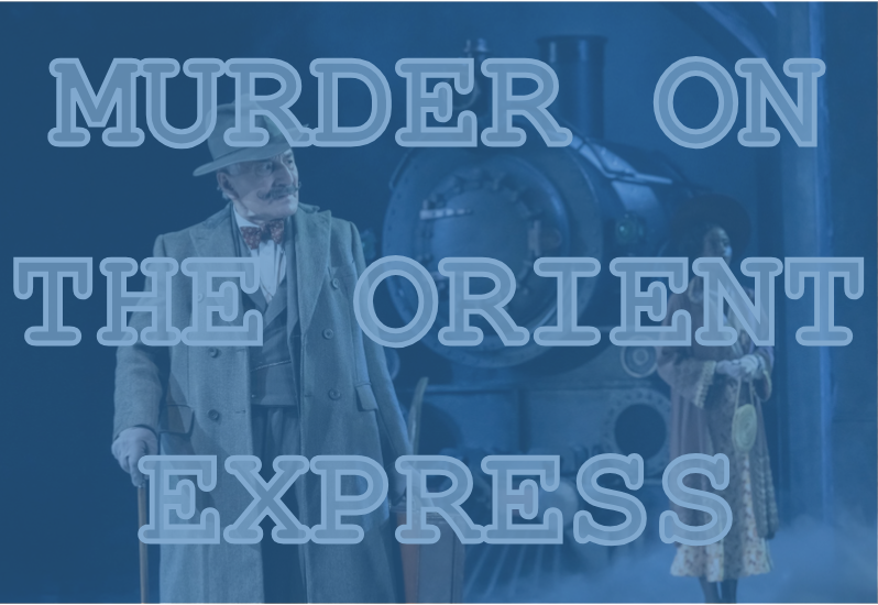 The illustration features a snapshot of the Broadway production of "Murder on the Orient Express".