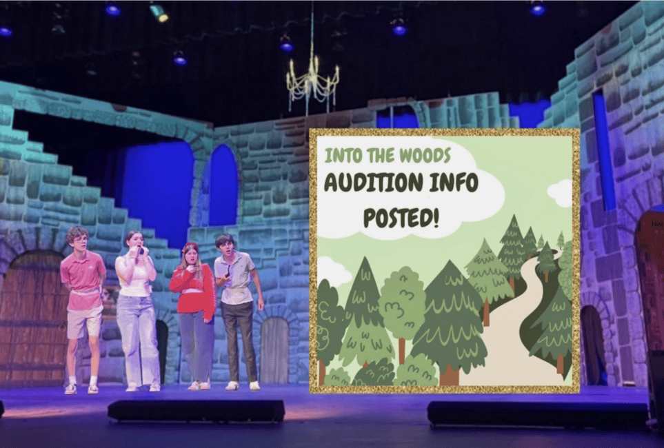 Xavier and Brophy theatre students from a past rehearsal of “Clue” appear on stage. They appear to be looking at an audition advertisement for the spring musical, “Into the Woods.”