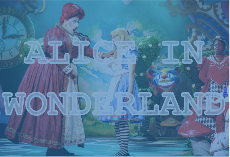 The illustration features a snapshot of the Broadway production of "Alice in Wonderland".