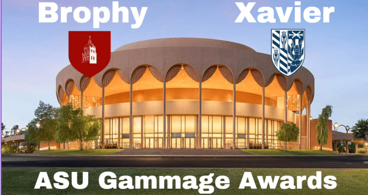 ASU Gammage theatre in Tempe serves as the backdrop for this graphic. It highlights Brophy College Preparatory and Xavier College Preparatory’s nomination for the ASU Gammage High School Musical Theatre Awards.