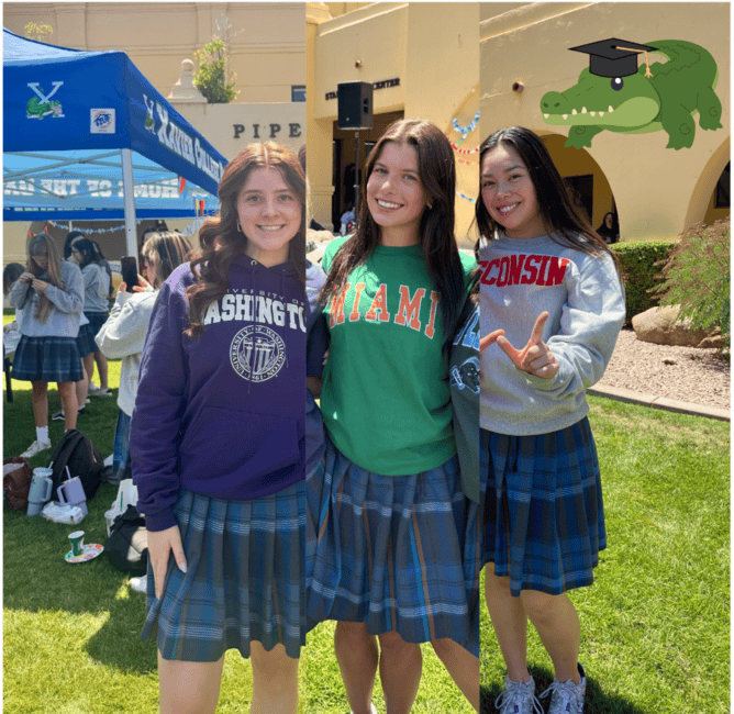 An illustration of Ella Fleet ‘25, Vivian Amoia ‘25 and Sophie Reed ‘25 celebrating their college acceptances by wearing their university shirts. This annual tradition commends Xavier’s seniors for their hard work and success that they have achieved.
