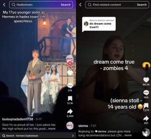 Side-by-side are two viral videos of Phoebe Kleinlein ‘26 as Hermes in "Hadestown" (left) and Sienna Stoll ‘29 in singing her cover of “Dream Come True.” Both display talent in different settings but also show recognition for their hard work.