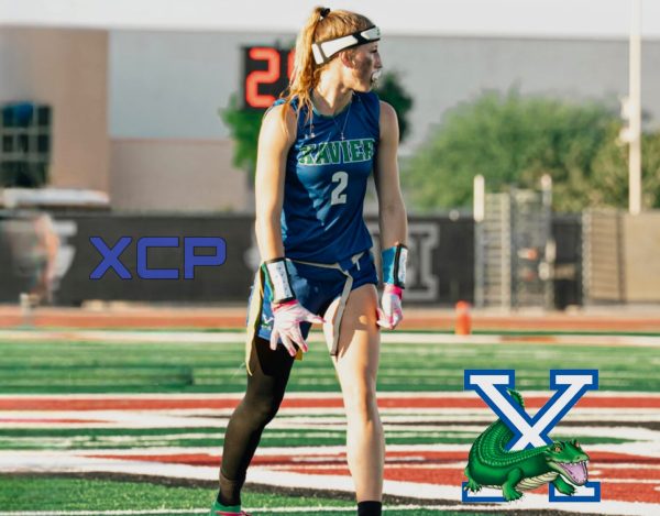Evie Maas is competing in a flag football game for Xavier. She has been selected to play in the 2026 Girls 15U National Team.