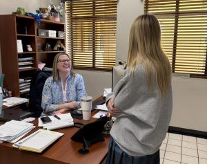 Junior Kingsley Keery ‘27 introduces herself to Principal Carol Ann Michaelson ‘89. The conversation that was captured portrays Michaelson’s approachability and her effort to connect with students individually.