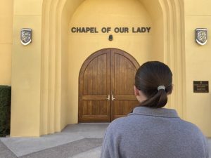 A student stands in front of Xavier’s Chapel of Our Lady. This chapel hosts daily morning and afternoon Masses, both of which students can attend to pray for focus and success during Lent.