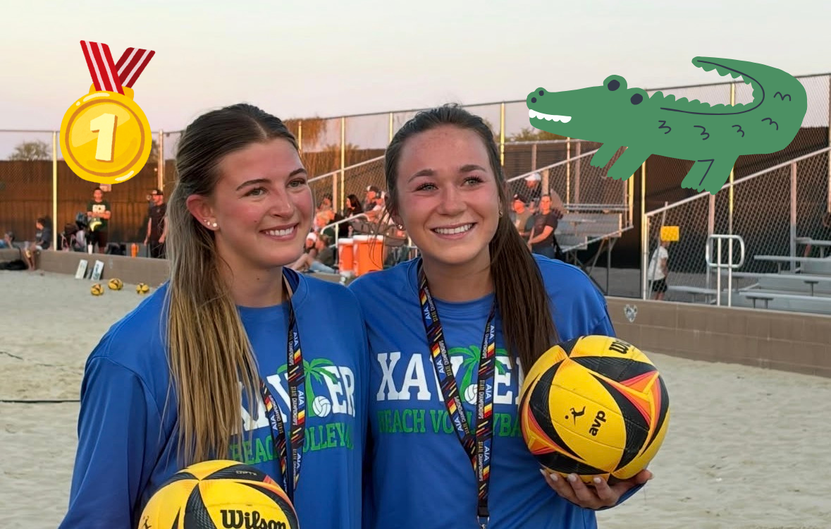 Seniors Kate MacDonald ‘26 and Vivian Hickman ‘26 celebrate their win at the beach volleyball pairs state championship. The duo has worked hard throughout the season and finished it with a state title.