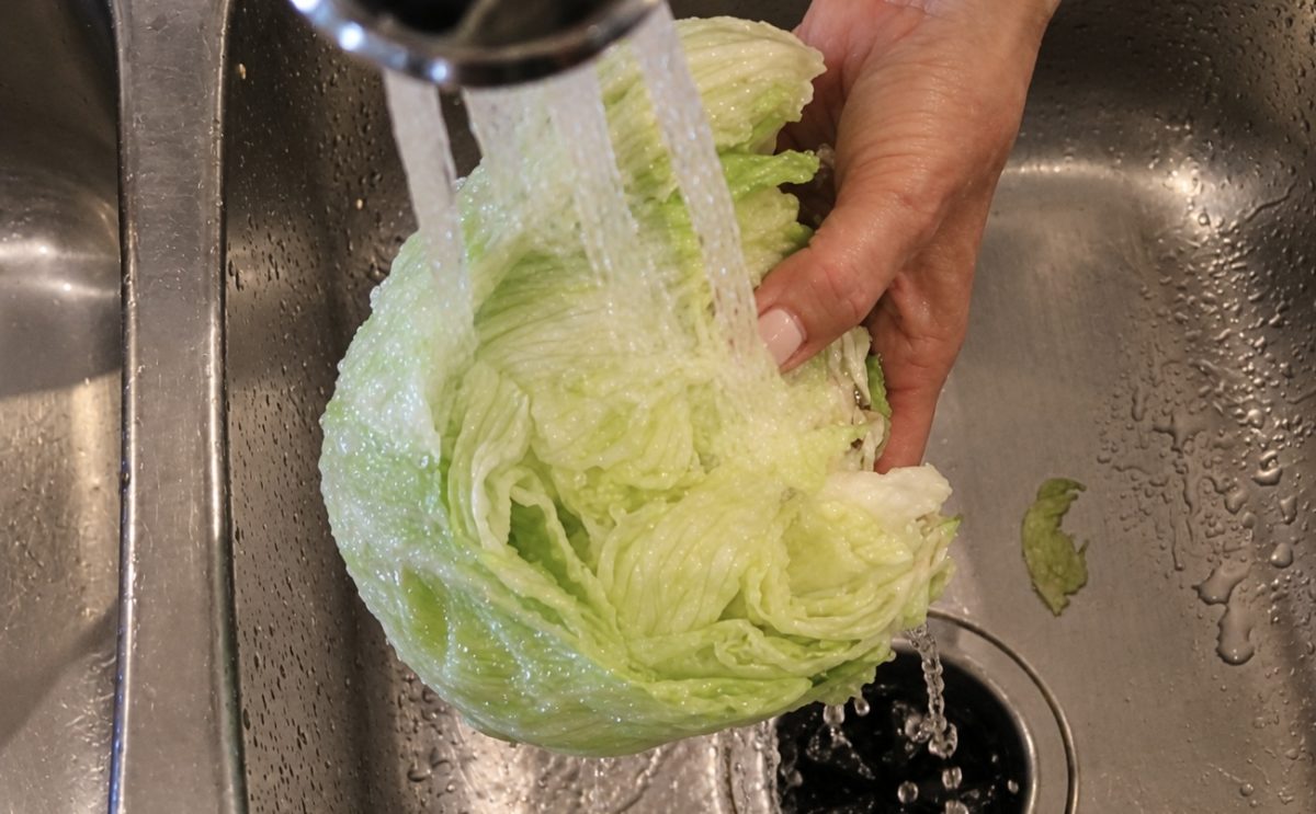 Andrea Tumialán, a Brophy and Xavier mom, rinses lettuce while preparing her children’s school lunches. Recent concerns surrounding Cyclospora reinforce the importance of safely handling fresh produce.