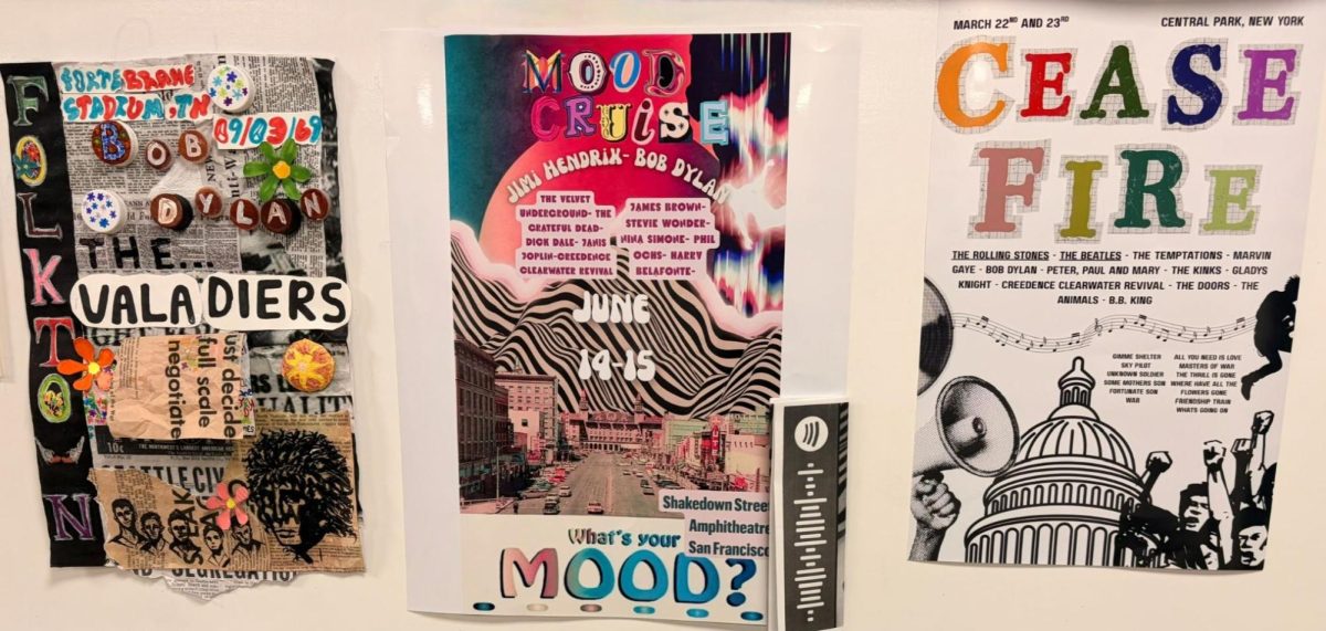 Student-created posters hang in Dan Long’s Sounds of the Centuries classroom at Xavier College Preparatory. This class allows students to explore post-World War II American history and social change through music.