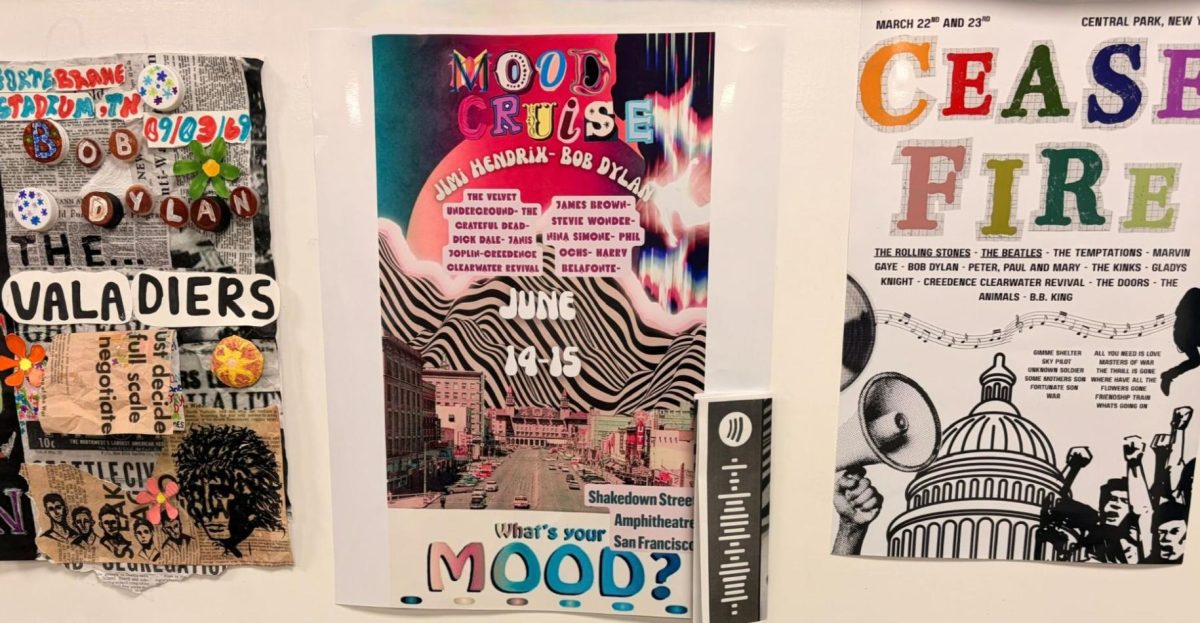 Student-created posters hang in Dan Long’s Sounds of the Centuries classroom at Xavier College Preparatory. This class allows students to explore post-World War II American history and social change through music.